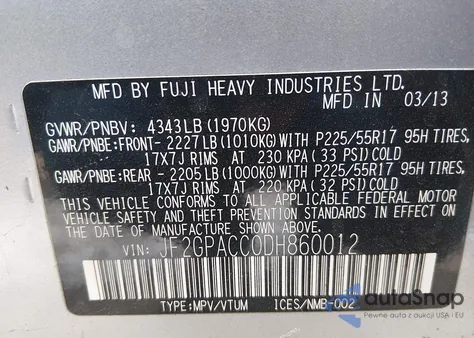 2013 Subaru Xv Crosstrek 2.0I Premium z USA, uszkodzony, nr VIN JF2GPACC0DH860012